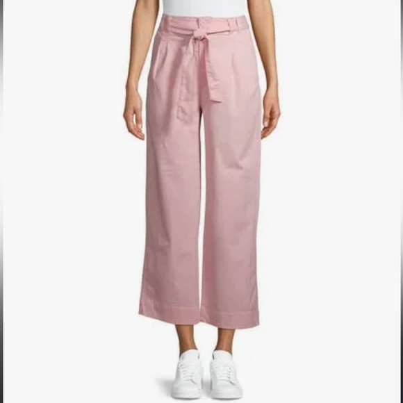 Time and Tru Pants - Time and Tru Wide Leg Relaxed Fit w Soft Tie Waist Cropped Pants, Light Pink, 12